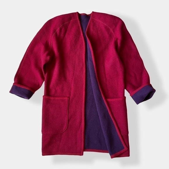 VTG 80s Coatigan Open Cardigan Reversible Knit Boxy Large Shoulder Red Purple 10 - Picture 6 of 14